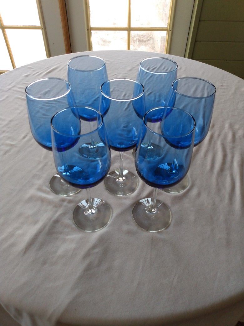 Set of 7 cobalt blue water goblets, iced tea goblets, or extra large wine glasses- set C