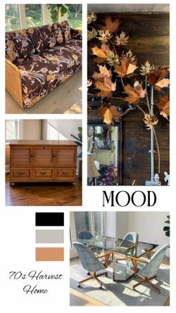 70s Harvest Home MOOD — Rattan Sofa, Brass Dining, Brutalist Art