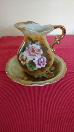 Vintage hand painted, imported, Enesco pitcher and bowl