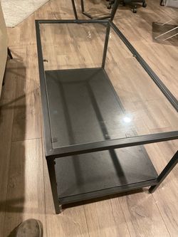 Modern Rectangular Coffee Table With The Bottom Shelf Black Metal Base And Glass Too W35”xD18”xH18”
