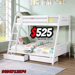 Twin Full White Bunkbed With Ortho Mattress Included 