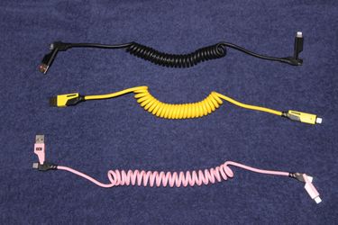 4-in-1 Fast Charging Coiled Cable USB-C Lightning Car Charger 3.5FT Yellow Black Pink