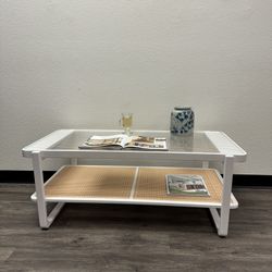 Modern Coffee Table – Solid Wood + Glass + Rattan Shelf