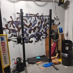 Rogue Lift Rack with Bar and Weights 