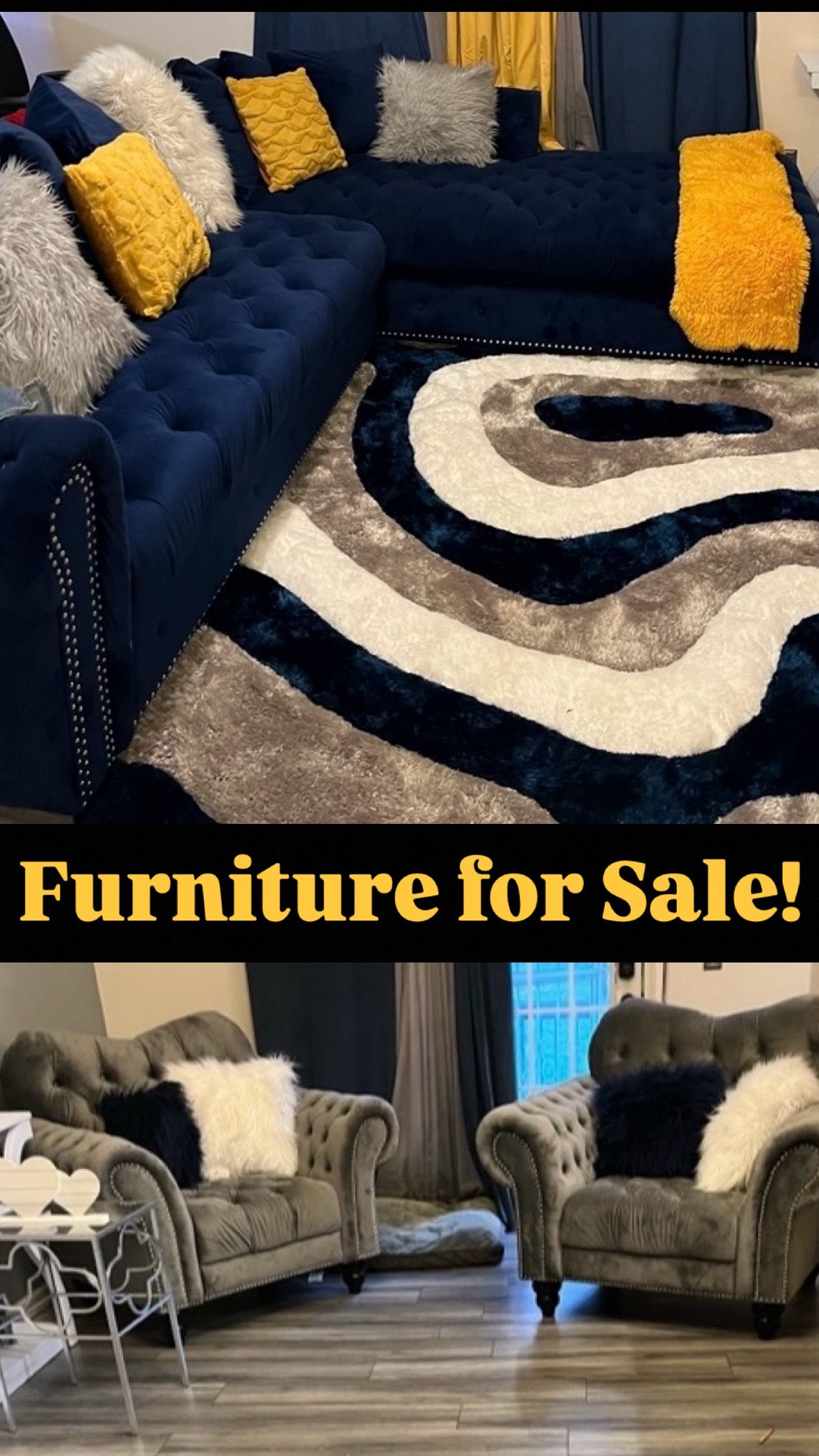 🛋️ 2-Piece Navy Blue Upholstered Sectional & 🪑 2 Large Light Gray Upholstered Sofa Chairs