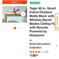 Tager 60 in. Smart Indoor/Outdoor Matte Black with Whiskey Barrel Blades Ceiling Fan with Remote Powered by Hubspace