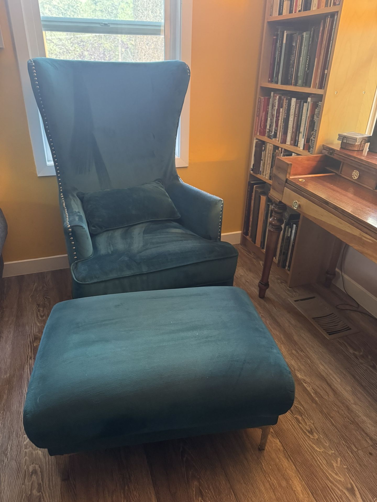 Teal Wingback Chair + Ottoman