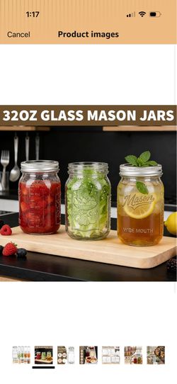 ide Mouth Mason Jars 32 oz, 12 Pack Quart Canning Glass Jars with Embossed Measuring Markings & Airtight Lids - for Pickling, Fermenting, Meal Prep, F