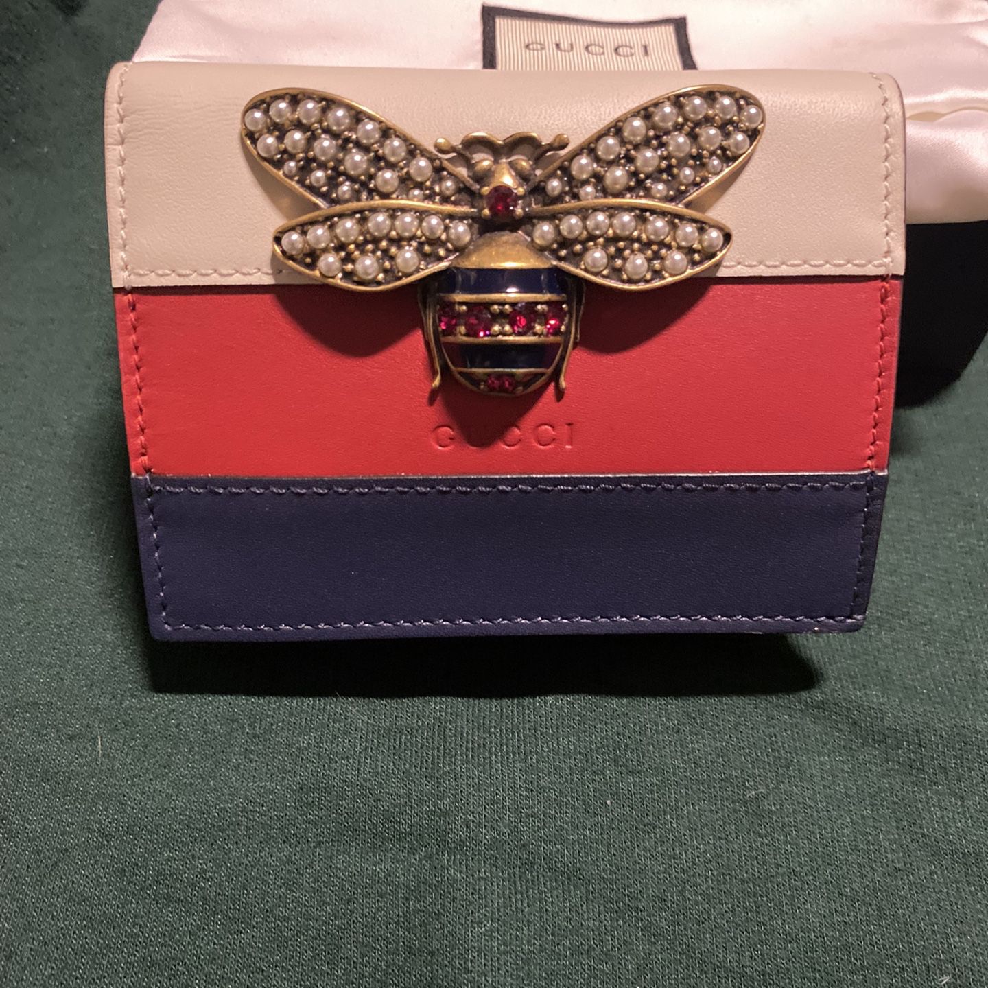 Gucci Red/White/Blue Leather Queen Margaret Bee Card Case Wallet - Yoogi's  Closet