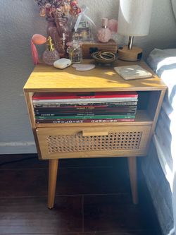 Mid-Century Rattan Nightstand with Open Shelf