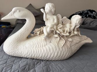 White Porcelain Swan with Cherubs Figurine