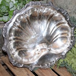LRG Ornate VTG Old English Poole Silver Co. Scalloped Shell Footed Dish