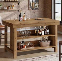 F2463 Solid Wood 55-Inch Bar Table, 3-Tier Farmhouse Home Bar Unit with Open Storage Shelves, Rectangular Counter Height Pub Dining Table for Kitchen,