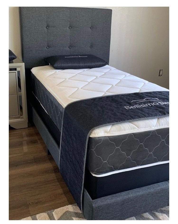 New Twin Size Dark Grey Bed Frame With Mattress And BoxSpring.  (And A Free Delivery)