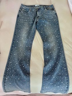 Fashion Nova Women’s Size 15 Stars Rhinestones Studded Flare Jeans Medium Wash