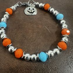 Silver Beaded Bracelet with Orange and Blue Crystal Accents