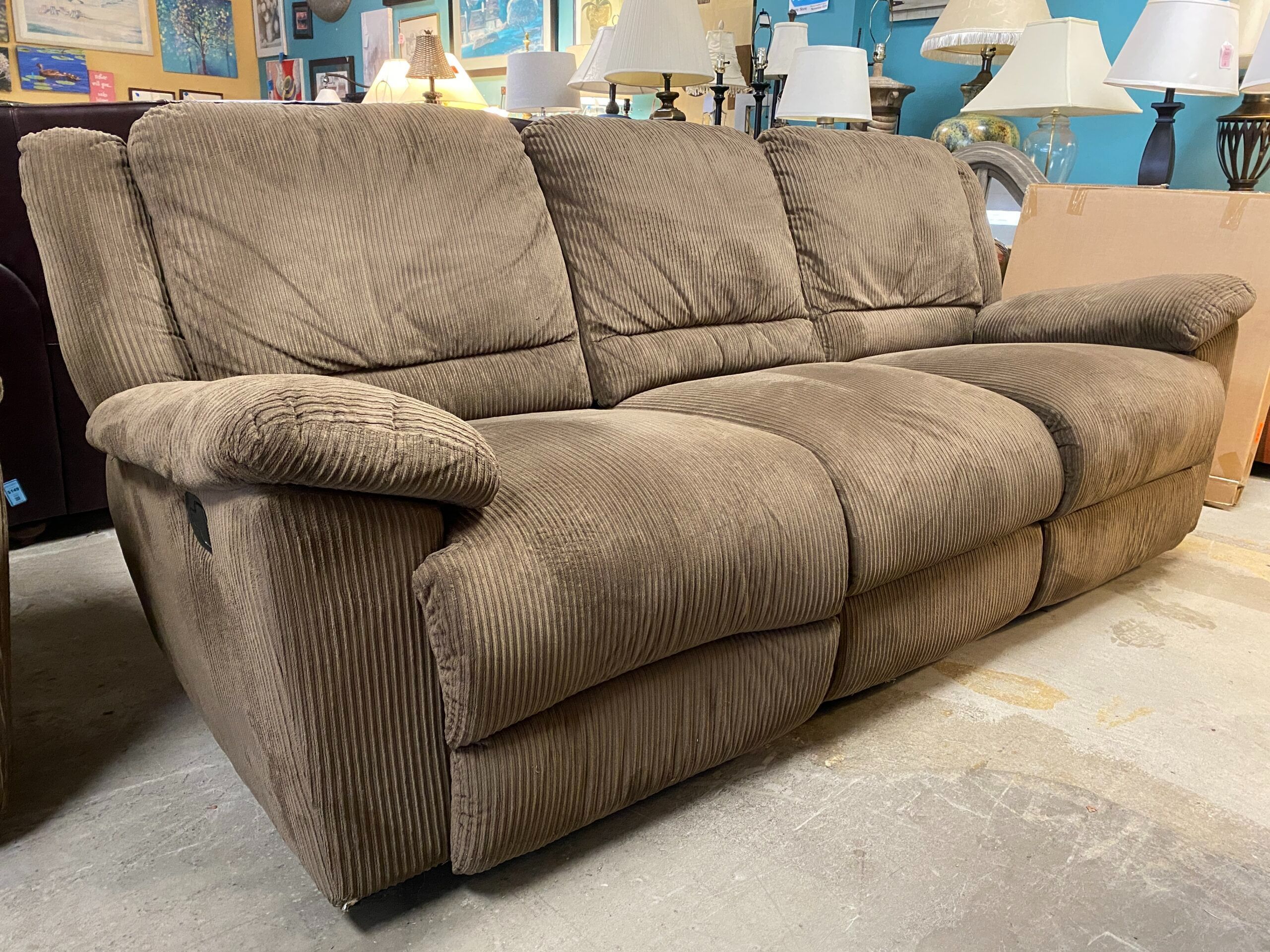 Tan Corduroy Manual Reclining Sofa