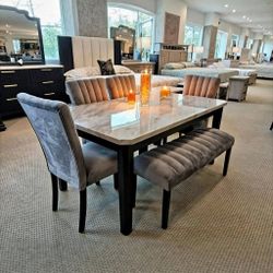 Pascal Gray/White Marble-Top Dining Set
Table & 4 Side Chairs & Bench