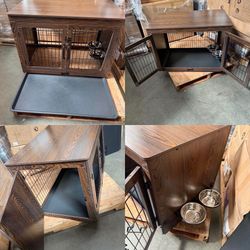 Wooden Dog Crate Furniture with 360°Rotatable Removable Dog Bowls, Dog Crate End Table with Tray, Double Doors Dog Kennels for Dogs(XL:43.2" L*28.6" W