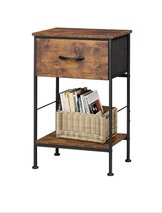 WLIVE Nightstand, Bedside Side Table for Bedroom, Dorm with Steel Frame, Night Stand End Table with Fabric Storage Drawer, Easy Assembly, Rustic Brown