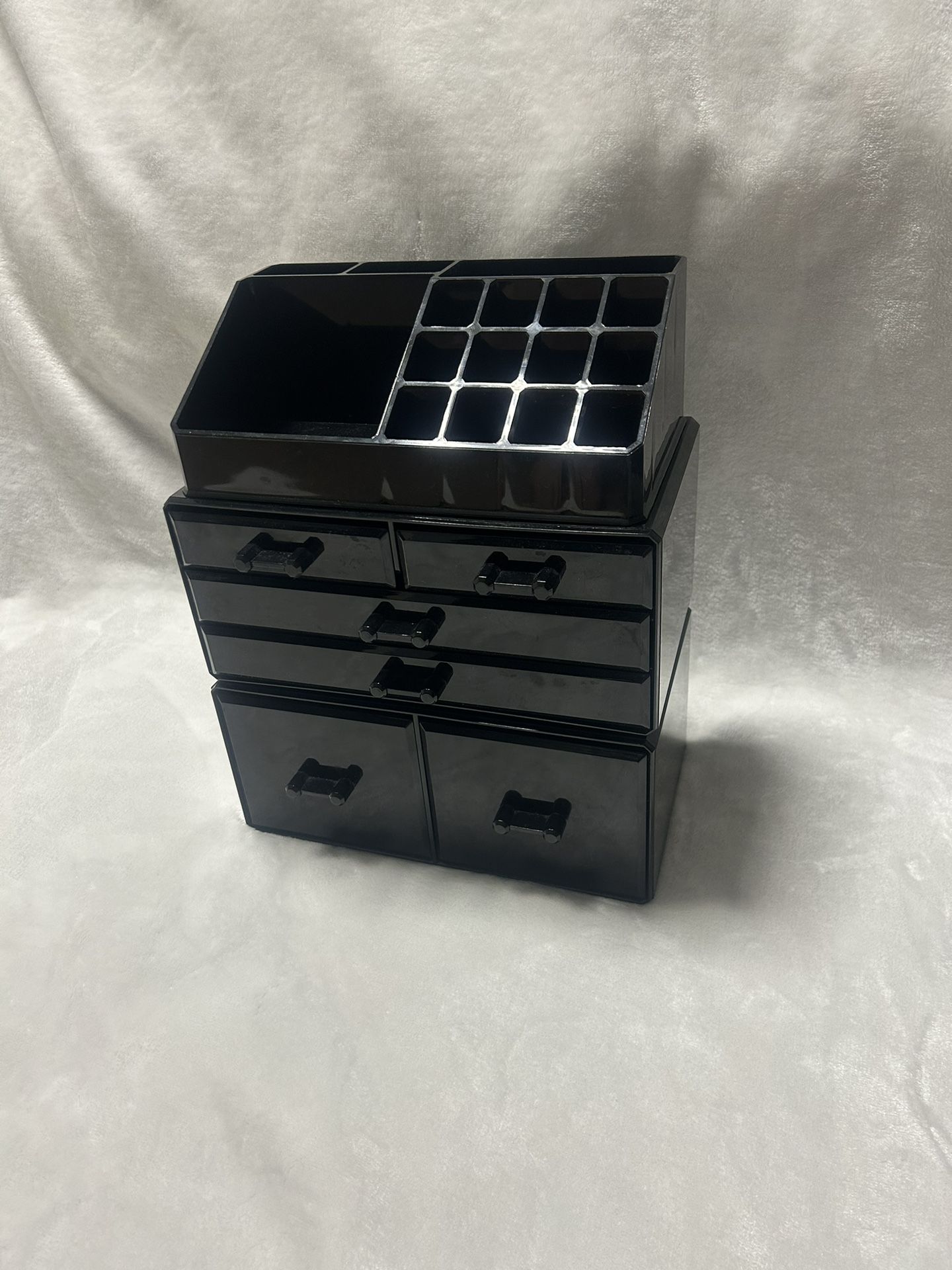 3 Black Plastic Vanity Makeup Storage Organizer Cosmetic Display Case Stackable