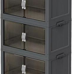 Plastic Storage Bins with Lids OpenFront, Stackable Storage Containers with Wheels forClothes, Home, Room (3-Tiers, 66QT)