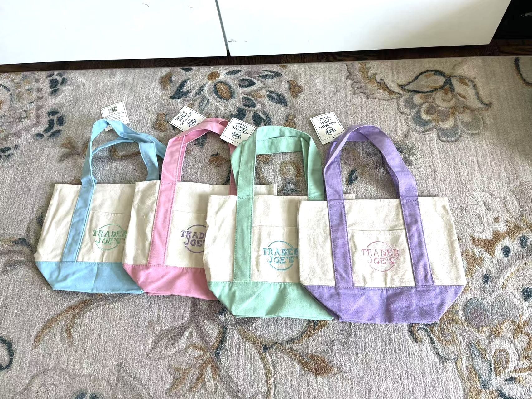 4x Trader Joe’s mini Canvas blue pink green purple shopping tote bags.