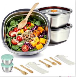 Aufind 2 Pack Stainless Steel Salad Bowl with Lid, 56 oz Large Leakproof Salad Bowls for Meal Prep, Lunch To Go, Includes Dressing Cup & Reusable Bamb
