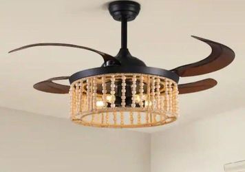 Ceiling Fan 48 in. Indoor 5-Lights Bohemian Wood Beaded Lampshade Remote Control, Timer, Dimmable, Reverse in Black