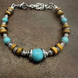 Turquoise and Brown Beaded Bracelet with Silver Accents