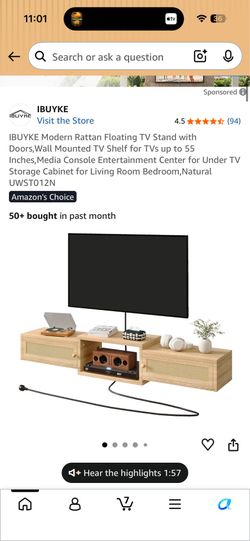 IBUYKE Modern Rattan Floating TV Stand with Doors,Wall Mounted TV Shelf for TVs up to 55 Inches