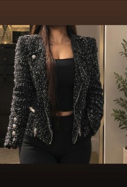 ZARA Tweed Biker Jacket Black Silver Buttons M Fits S