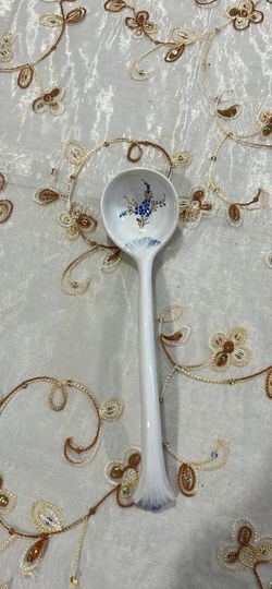 Vintage 19 th Ceramic Serving Spoon  , White And Blue Floral Pottery 