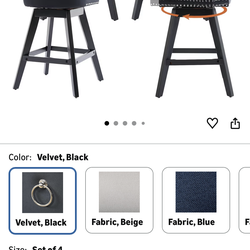 Modern Swivel Bar Stools Set of 4, 25.9" Black Counter Height Bar Stools with Back for Kitchen Island, Velvet Upholstered Island Chairs with Wood Legs