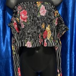 Long Sleeve Crop Top Blouse. Black Stripes/Flowers