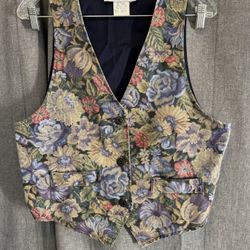 Vintage 80s 90s Tapestry Dark Floral Vest Brocade Cottagecore Fall Rose Academia