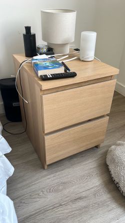 Nightstand: IKEA Malm 2-drawer nightstand in oak veneer — the dimensions (19×16×21”)