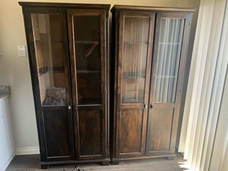 Set of 2 Rustic Farmhouse Display Cabinets with Glass Doors & Interior Lighting