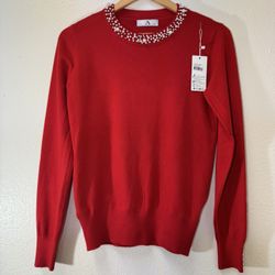 Red Pearl Neckline Pullover Sweater Top Soft And Cute 