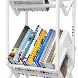 Bookshelf Book Cart Rack Industrial Metal Bookcase 2 Tier Holder with Wheels Modern Stylish
