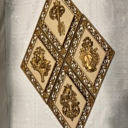 4 Gold Key & Floral Diamond Hollywood Regency plaques