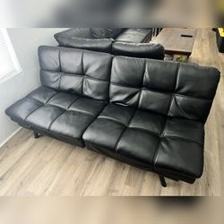 Black Faux Leather Tufted Futon Sofa Bed, Pillow-Top, Folds Flat