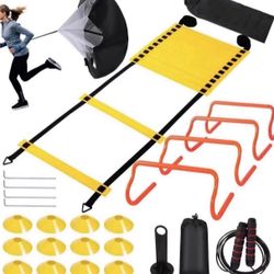 Agility Ladder Speed Training Equipment Set-20ft Agility Ladder,12 Soccer Cones,4 Hurdles, Jump Rope, Running Parachute| Basketball Football Soccer Tr
