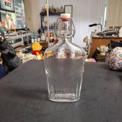 Vintage Italy 🇮🇹  Flask Style Clear Glass Bottle W/Swing Top Wire Ball Stopper By Anchor Hocking Through Italy 0.5L Capacity 9.5"H