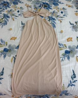 Nude Ribbed Maxi Dress with Bow Detail