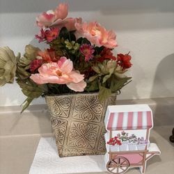 Hanging Half Metal Container Used As Vase Comes With Flowers And A Cute Wood Flower Cart