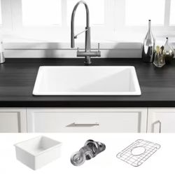 Eridanus Oslo 24 in. Undermount Single Bowl White Ceramic Kitchen Sink with Bottom Grid and Basket Strainer