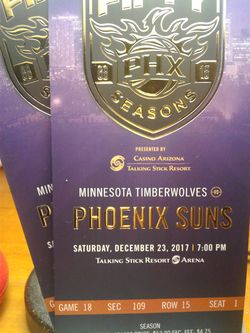 Suns vs Minnesota Timberwolves Saturday Dec 23 7:00pm. Sec 109 row 15 seats 1&2. $80 ea obo