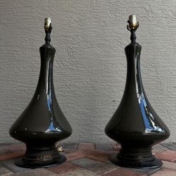 Vintage Mid Century 60s Genie Form Avocado Green Table Lamp Pair 