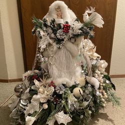 Christmas Snow Queen Porcelain Doll with Adornments in Basket.
